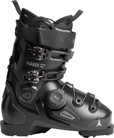 Damski but narciarski Atomic Hawx Ultra 115 S BOA W, czarny, z pokrętłem BOA i dwiema klamrami – widok z boku