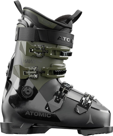 But narciarski Atomic Hawx Prime 110, czarno-oliwkowy, cztery aluminiowe klamry i pas na rzep – widok z boku