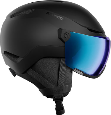 Kask narciarski z szybą Atomic Revent Visor Stereo 2027, czarny z niebieską szybą – widok z boku