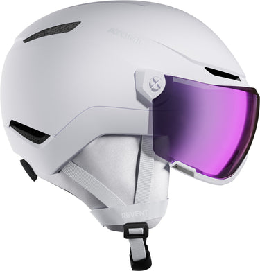 Kask narciarski z szybą Atomic Revent Visor Stereo 2027, biały z fioletową szybą – widok z boku